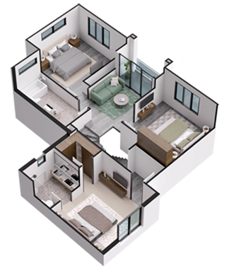2-bedroom apartment floor plan with 3D visualization showcasing the layout and dimensions of the living spaces.