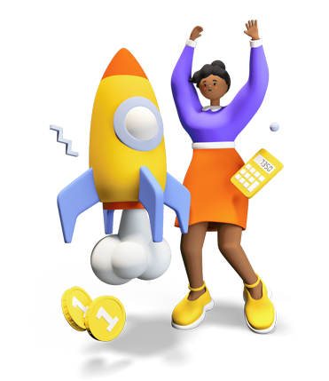 A cartoon woman proudly holds a rocket and a calculator, showcasing her enthusiasm for both science and mathematics.