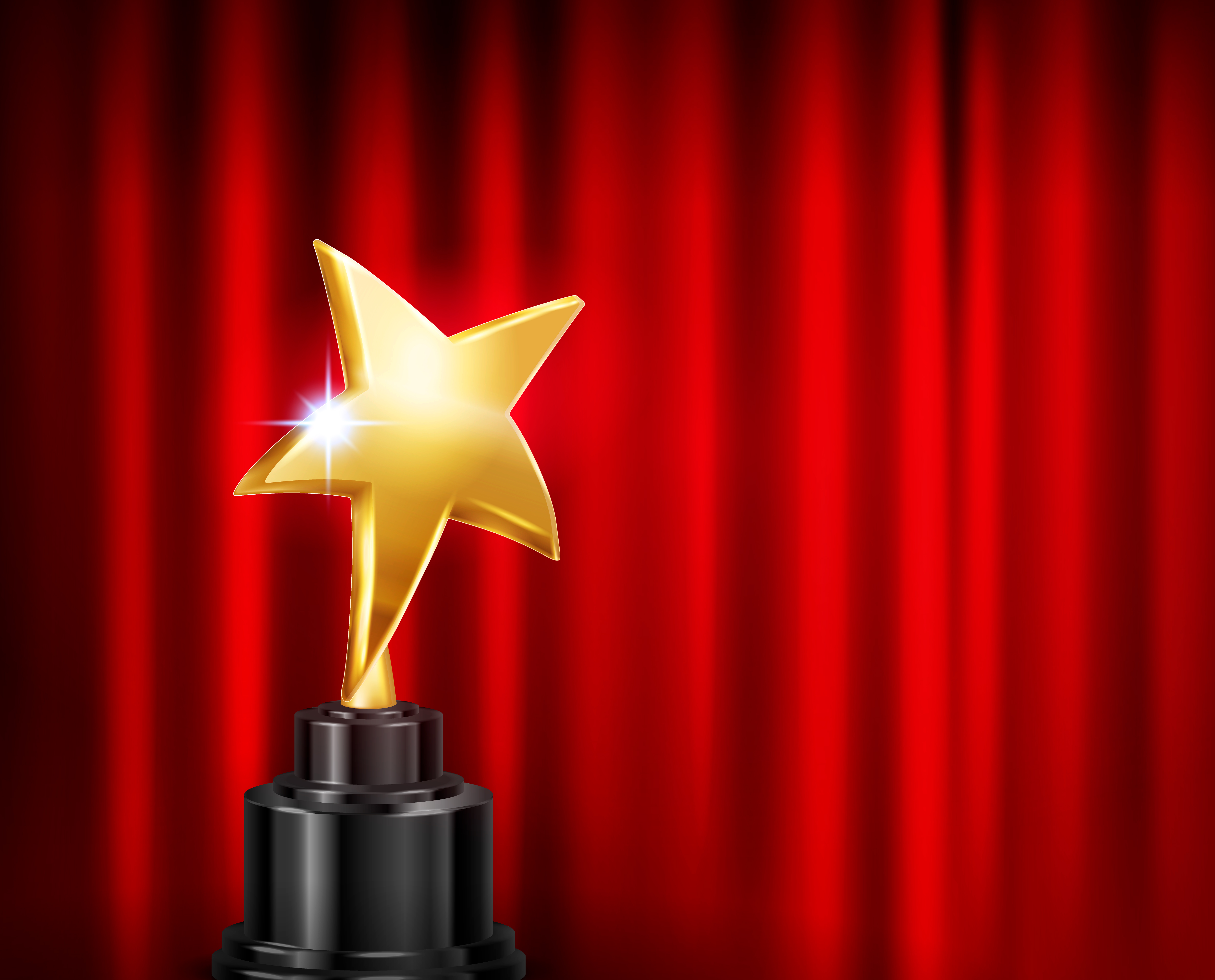 A golden star on a black pedestal, framed by a red curtain, symbolizing achievements.